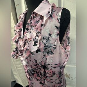 Tahari Pink Floral Ruffle Sleeveless Blouse